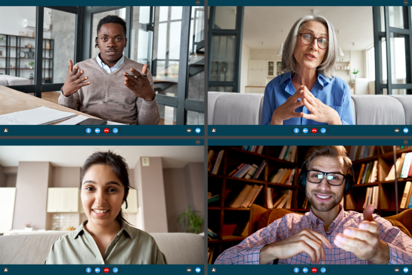 Four people on a video conference call